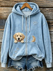Women's Cute Peeking Golden Retriever & Paws Print Cozy Zip-Up Hoodie