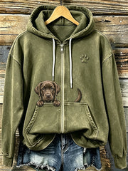 Women's Chocolate Labrador & Paw Print Cozy Zip-Up Hoodie