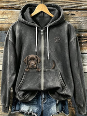 Women's Chocolate Labrador & Paw Print Cozy Zip-Up Hoodie