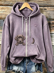 Women's Chocolate Labrador & Paw Print Cozy Zip-Up Hoodie