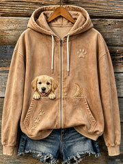 Women's Cute Peeking Golden Retriever & Paws Print Cozy Zip-Up Hoodie