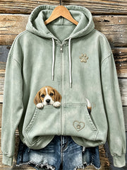 Women's Cute Peeking Beagle & Paw Print Cozy Zip-Up Hoodie