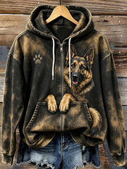 Women's Cute Peeking German Shepherd & Paw Print Cozy Zip-Up Hoodie