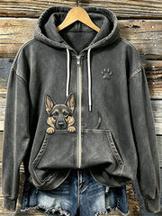 Women's Cute Peeking German Shepherd with Paw Print Cozy Zip-Up Hoodie