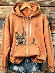 Women's Cute Peeking German Shepherd with Paw Print Cozy Zip-Up Hoodie