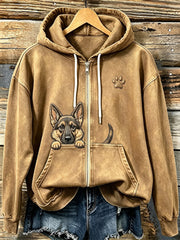 Women's Cute Peeking German Shepherd with Paw Print Cozy Zip-Up Hoodie