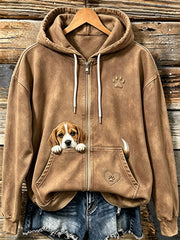 Women's Cute Peeking Beagle & Paw Print Cozy Zip-Up Hoodie