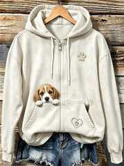 Women's Cute Peeking Beagle & Paw Print Cozy Zip-Up Hoodie