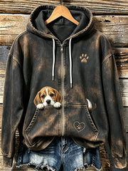Women's Cute Peeking Beagle & Paw Print Cozy Zip-Up Hoodie