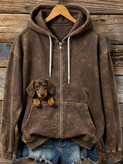 Women's Cute Peeking Dachshund & Paws Print Cozy Zip-Up Hoodie