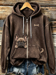 Women's Cute Peeking French Bulldog & Bone Print Cozy Zip-Up Hoodie