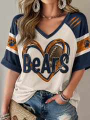 Women's Chicago Football Lover Bears Art Printed Mid-length Sleeves V-Neck T-Shirt