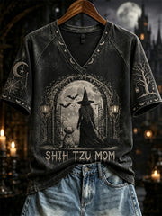 Women's Halloween Witch Shih Tzu Mom Print short-sleeved T-shirt