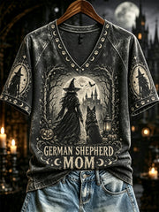 Women's Halloween German Shepherd Mom Witch Print V-neck Short-sleeved T-shirt