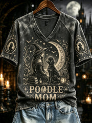 Women's Halloween Poodle Mom Witch Print V-neck Short-sleeved T-shirt