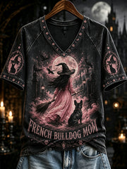 Women's Halloween French Bulldog Mom Witch Print V-neck Short-sleeved T-shirt