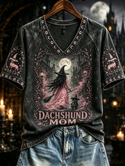Women's Halloween Dachshund Mom Witch Print V-neck Short-sleeved T-shirt