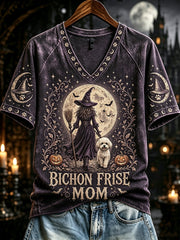 Women's Halloween Bichon Frise Mom Witch Print V-neck Short-sleeved T-shirt