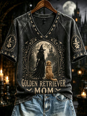 Women's Halloween Golden Retriever Mom Witch Print V-neck Short-sleeved T-shirt