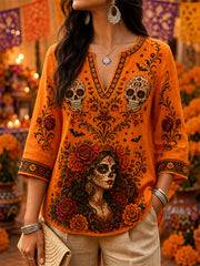 Women's Mexico Day of The Dead Art Print Casual V-Neck Top