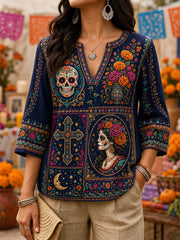 Women's Mexico Day of The Dead Art Print Casual V-Neck Top