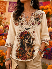 Women's Mexico Day of The Dead Art Print Casual V-Neck Top