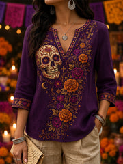 Women's Mexico Day of The Dead Art Print Casual V-Neck Top