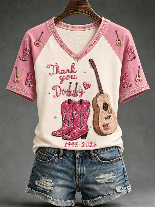 Women's Thank You Dolly Country Music Legend Tribute V-Neck Tee