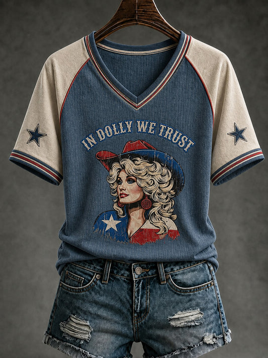 Women's In Dolly We Trust Printed V-neck T-shirt
