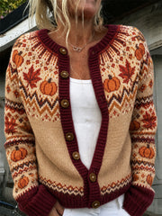 Women's Autumn Pumpkin and Maple Leaf Pattern Causal Cardigan Style Knit Jacket