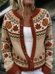 Women's Autumn Pumpkin and Maple Leaf Pattern Causal Cardigan Style Knit Jacket