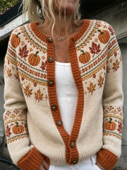 Women's Autumn Pumpkin and Maple Leaf Pattern Causal Cardigan Style Knit Jacket