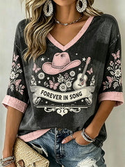 Women's Country Music Legend Tribute Casual Memorial Mid-length Sleeves V-Neck T-Shirt