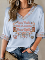 Women's Rip Country Music Lover Printed Mid-length Sleeves V-Neck T-Shirt