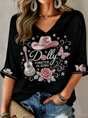 Women's Rip Country Music Lover Printed Mid-length Sleeves V-Neck T-Shirt