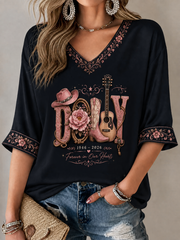 Women's Rip Country Music Lover Printed Mid-length Sleeves V-Neck T-Shirt
