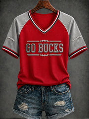 Women's GO BUCKS Football Print V-neck  Short-sleeved T-shirt